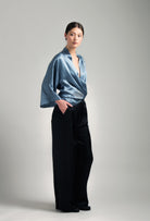 Be seduced by Carine Gilson most beautiful silk lingerie collection with this Short Kimono Classic Sleeves in Blue stone Silk  with Grey lace
