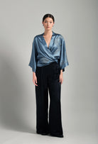 Be seduced by Carine Gilson most beautiful silk lingerie collection with this Short Kimono Classic Sleeves in Blue stone Silk  with Grey lace