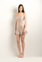 Enjoy the 2024 winter collection of lingerie couture from the house Carine Gilson with this Slip Babydoll Style with Pleat in dove grey lilac Silk