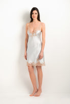 Discover the 2023-24 winter collection from the house Carine Gilson with this Slip V Neckline in Blue Silk with praline beige lace