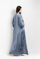 Discover the unique craftmanship of the belgian designer Carine Gilson in her atelier for the Hiver 2026-27 collection with this Long Kimono Classic Sleeves in Blue stone Silk  with Grey lace