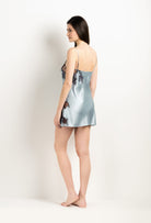 Made of silk and lace, explore the lingerie collection 2025 Winter from the house Carine Gilson with this Slip Babydoll Style Straight Neckline in Frozen blue Silk  with Ebony lace