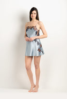 Made of silk and lace, explore the lingerie collection 2025 Winter from the house Carine Gilson with this Slip Babydoll Style Straight Neckline in Frozen blue Silk  with Ebony lace