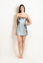 Made of silk and lace, explore the lingerie collection 2025 Winter from the house Carine Gilson with this Slip Babydoll Style Straight Neckline in Frozen blue Silk  with Ebony lace