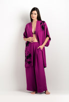 Discover the 2025 cruise collection of lingerie couture from the house Carine Gilson with this 3/4 Length Kimono Silk Satin in Violine Silk  with Black lace