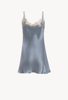 Enjoy the Hiver 2026-27 collection of lingerie couture from the house Carine Gilson with this Babydoll Style Classic Neckline in Blue stone Silk  with Grey lace