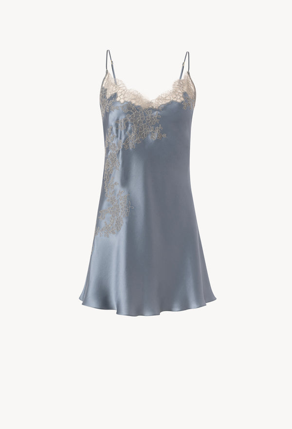 Enjoy the Hiver 2026-27 collection of lingerie couture from the house Carine Gilson with this Babydoll Style Classic Neckline in Blue stone Silk  with Grey lace