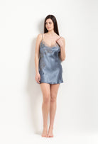 Enjoy the Hiver 2026-27 collection of lingerie couture from the house Carine Gilson with this Babydoll Style Classic Neckline in Blue stone Silk  with Grey lace