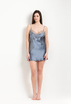 Enjoy the Hiver 2026-27 collection of lingerie couture from the house Carine Gilson with this Babydoll Style Classic Neckline in Blue stone Silk  with Grey lace