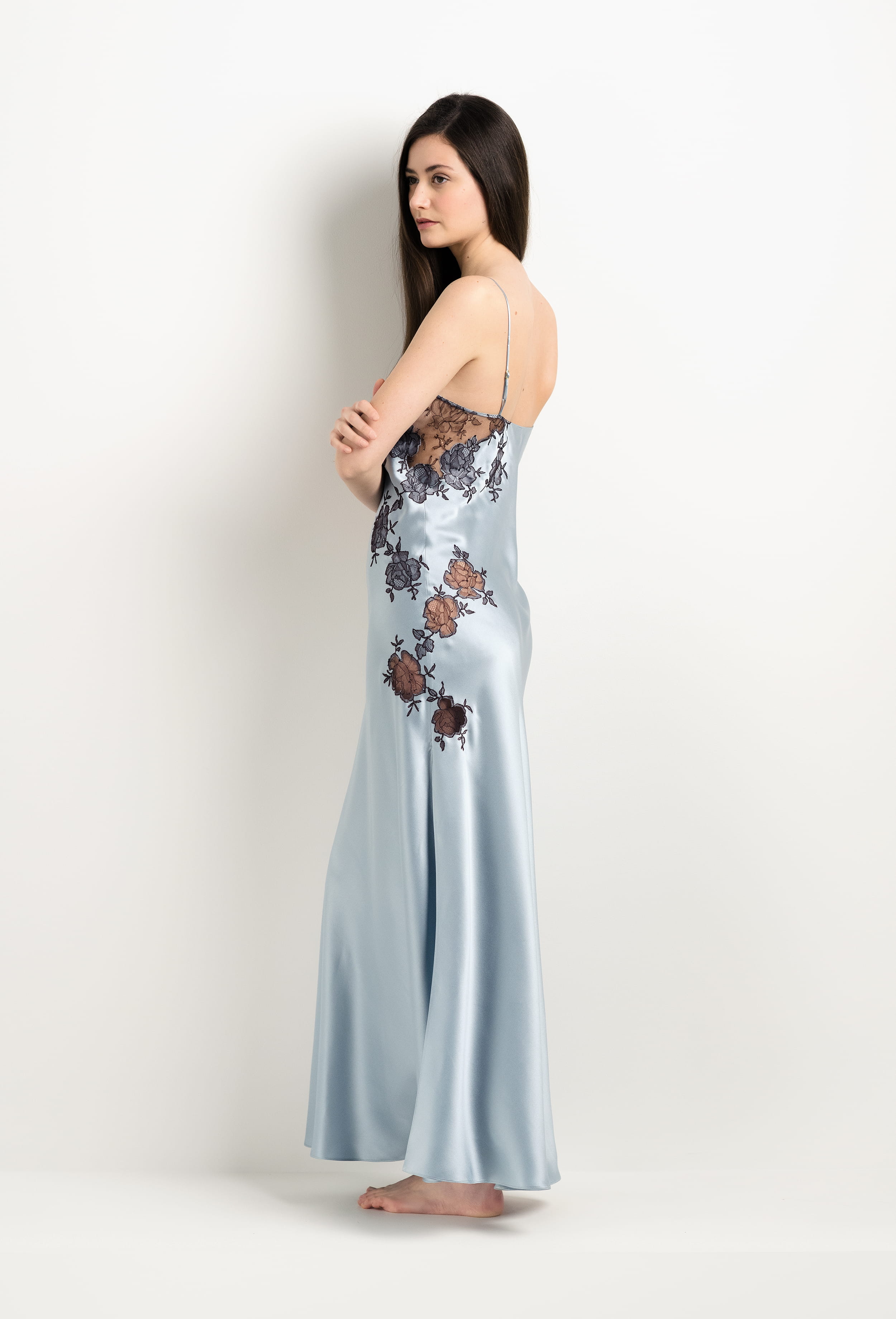 Be seduced by Carine Gilson most beautiful silk lingerie collection with this Long Gown Straight Neckline in Frozen blue Silk  with Ebony lace