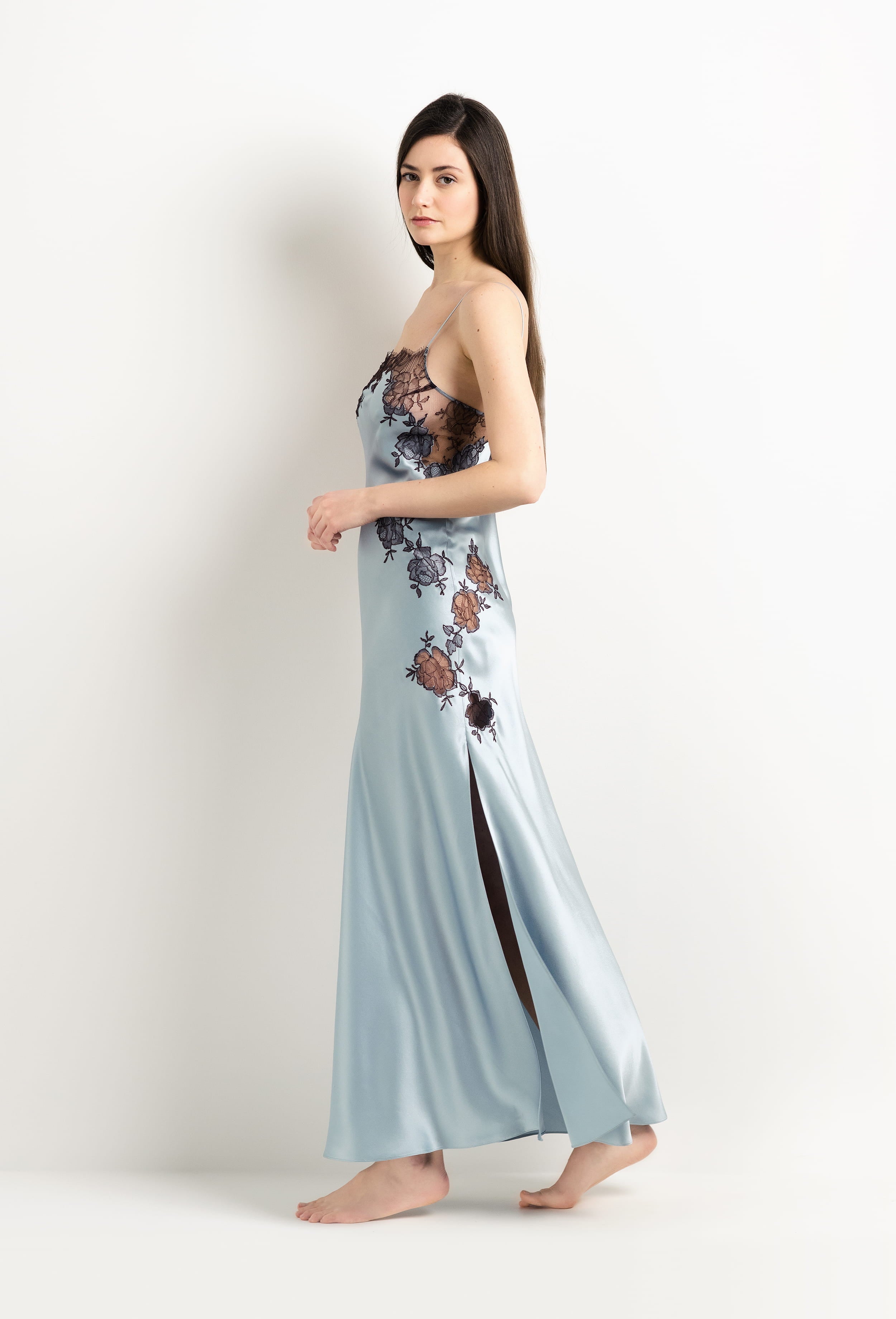 Be seduced by Carine Gilson most beautiful silk lingerie collection with this Long Gown Straight Neckline in Frozen blue Silk  with Ebony lace