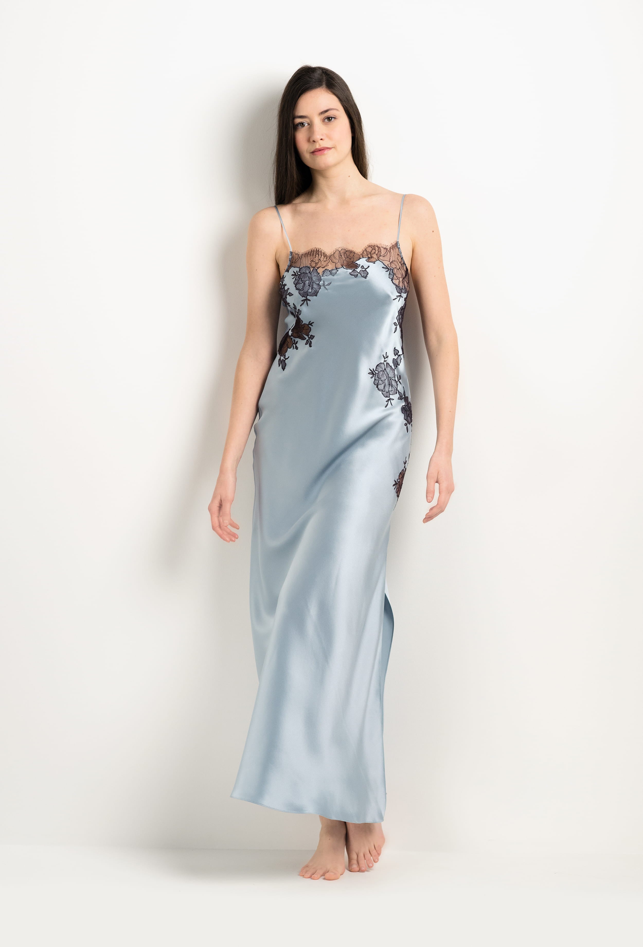 Be seduced by Carine Gilson most beautiful silk lingerie collection with this Long Gown Straight Neckline in Frozen blue Silk  with Ebony lace