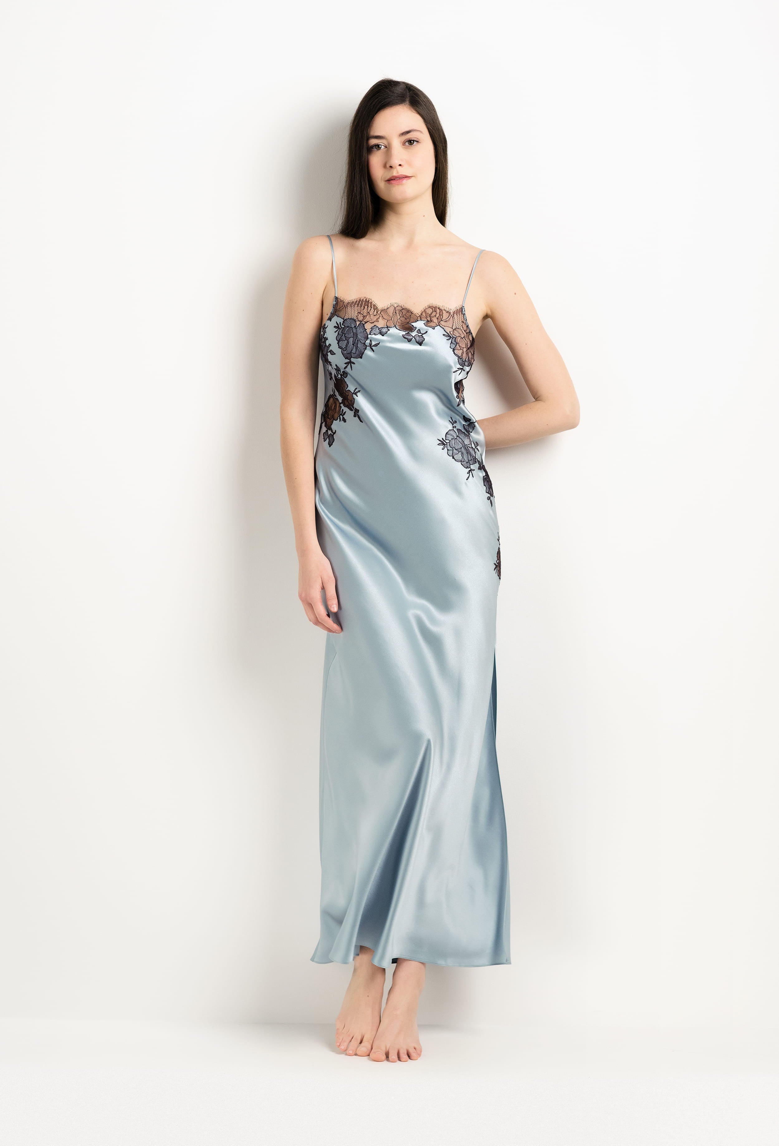 Be seduced by Carine Gilson most beautiful silk lingerie collection with this Long Gown Straight Neckline in Frozen blue Silk  with Ebony lace