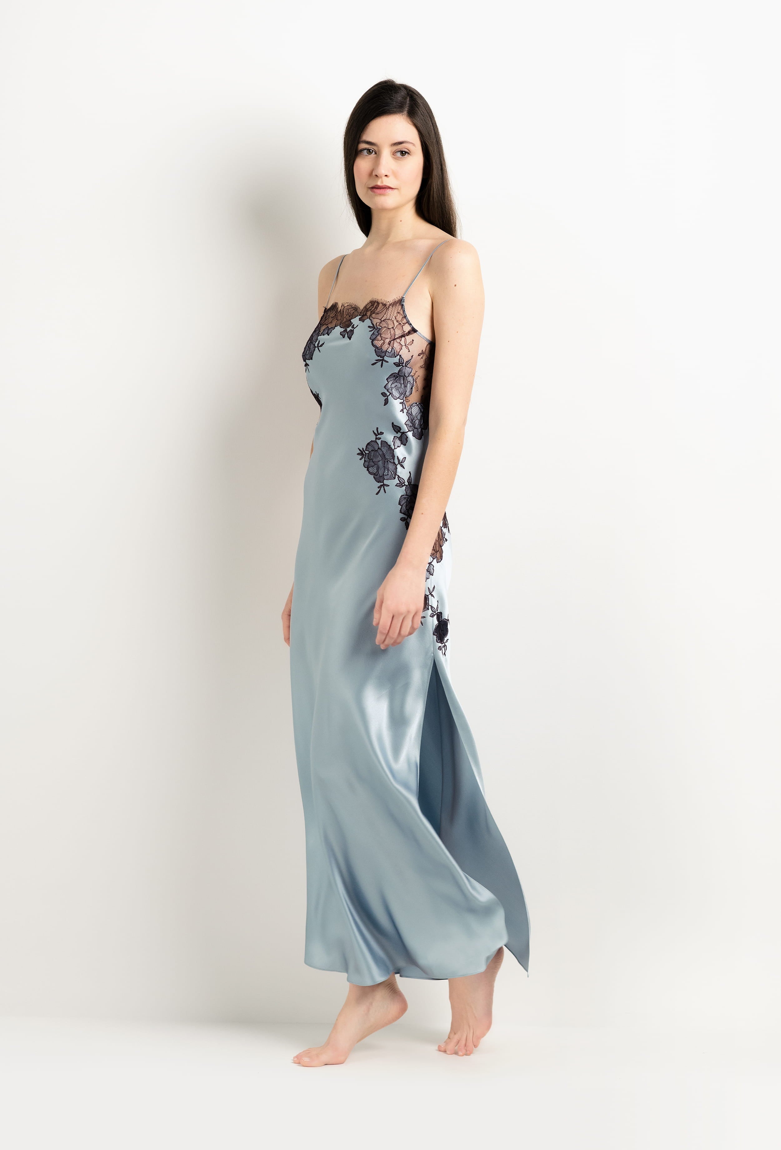Be seduced by Carine Gilson most beautiful silk lingerie collection with this Long Gown Straight Neckline in Frozen blue Silk  with Ebony lace