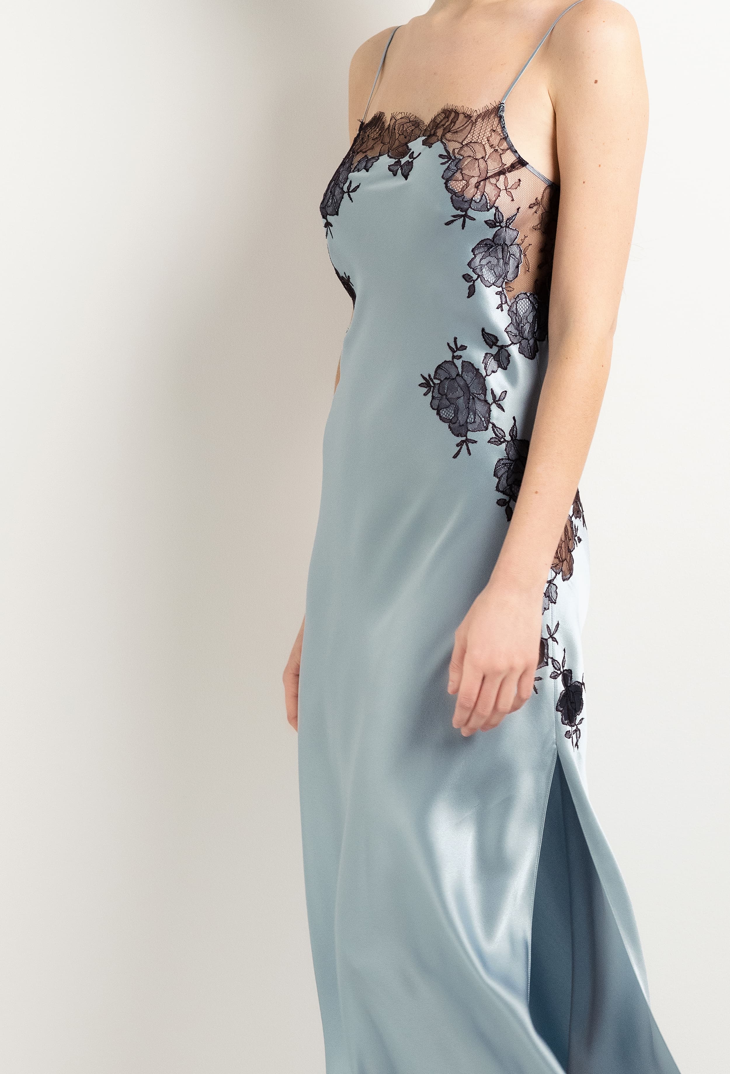 Be seduced by Carine Gilson most beautiful silk lingerie collection with this Long Gown Straight Neckline in Frozen blue Silk  with Ebony lace