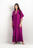 Enter Carine Gilson's world and the most beautiful silk lingerie with the 2025 cruise collection with this Long V Neck Kaftan in Violine Silk  with Black lace