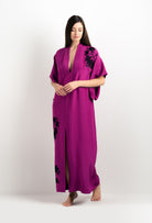 Enter Carine Gilson's world and the most beautiful silk lingerie with the 2025 cruise collection with this Long V Neck Kaftan in Violine Silk  with Black lace