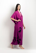 Enter Carine Gilson's world and the most beautiful silk lingerie with the 2025 cruise collection with this Long V Neck Kaftan in Violine Silk  with Black lace