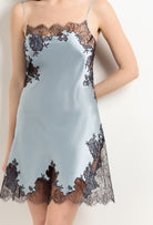 Discover the unique craftmanship of the belgian designer Carine Gilson in her atelier for the 2025 Winter collection with this Slip Straight Neckline in Frozen blue Silk  with Ebony lace