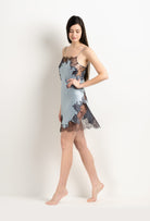 Discover the unique craftmanship of the belgian designer Carine Gilson in her atelier for the 2025 Winter collection with this Slip Straight Neckline in Frozen blue Silk  with Ebony lace