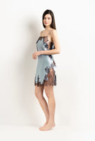 Discover the unique craftmanship of the belgian designer Carine Gilson in her atelier for the 2025 Winter collection with this Slip Straight Neckline in Frozen blue Silk  with Ebony lace