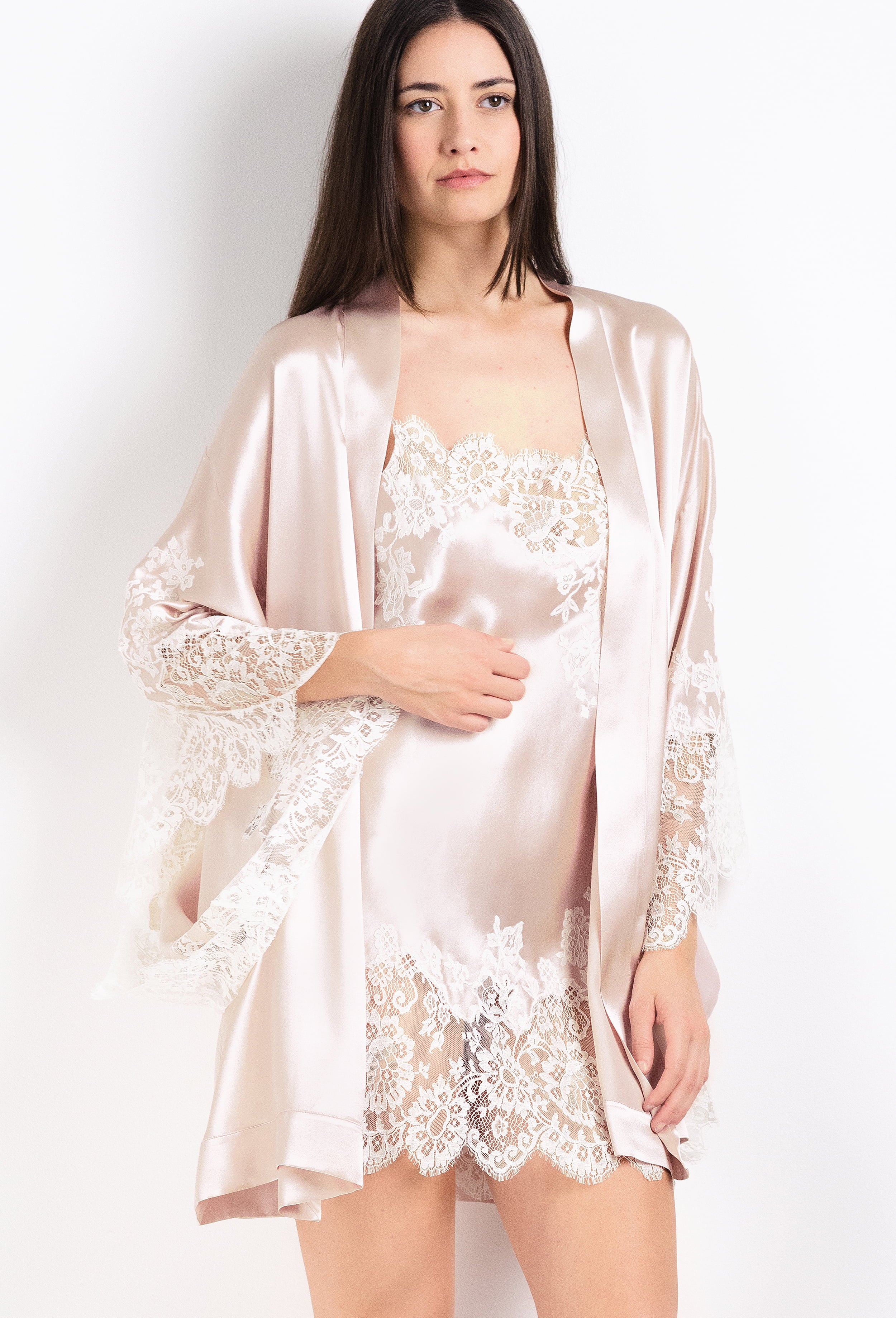 The 2026 Cruise collection from the house Carine Gilson - The most beautiful couture lingerie to be discovered with this slip babydoll style straight neckline in silverpink silk  with natural lace