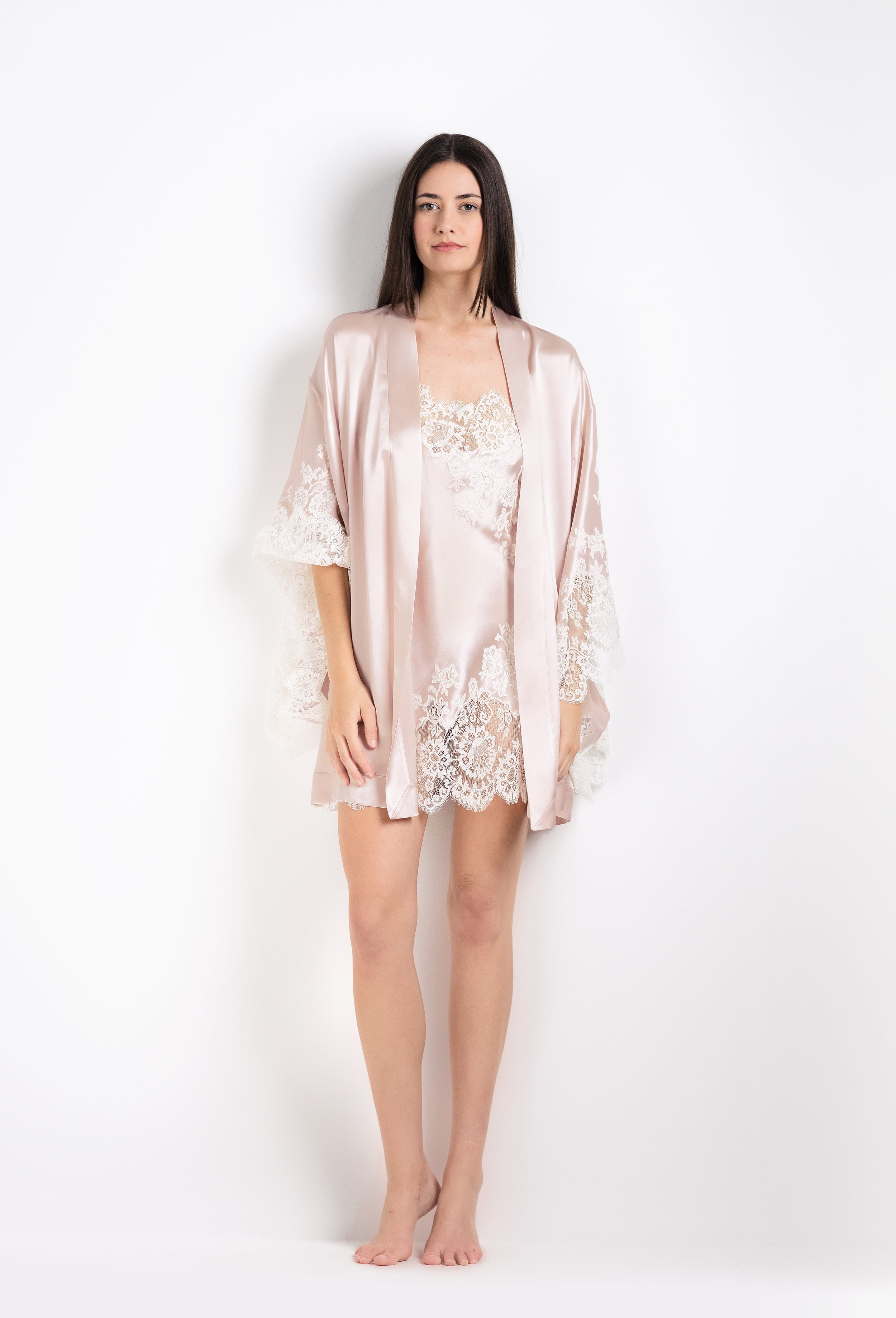 The 2026 Cruise collection from the house Carine Gilson - The most beautiful couture lingerie to be discovered with this slip babydoll style straight neckline in silverpink silk  with natural lace