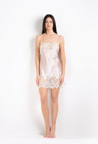 The 2026 Cruise collection from the house Carine Gilson - The most beautiful couture lingerie to be discovered with this slip babydoll style straight neckline in silverpink silk  with natural lace