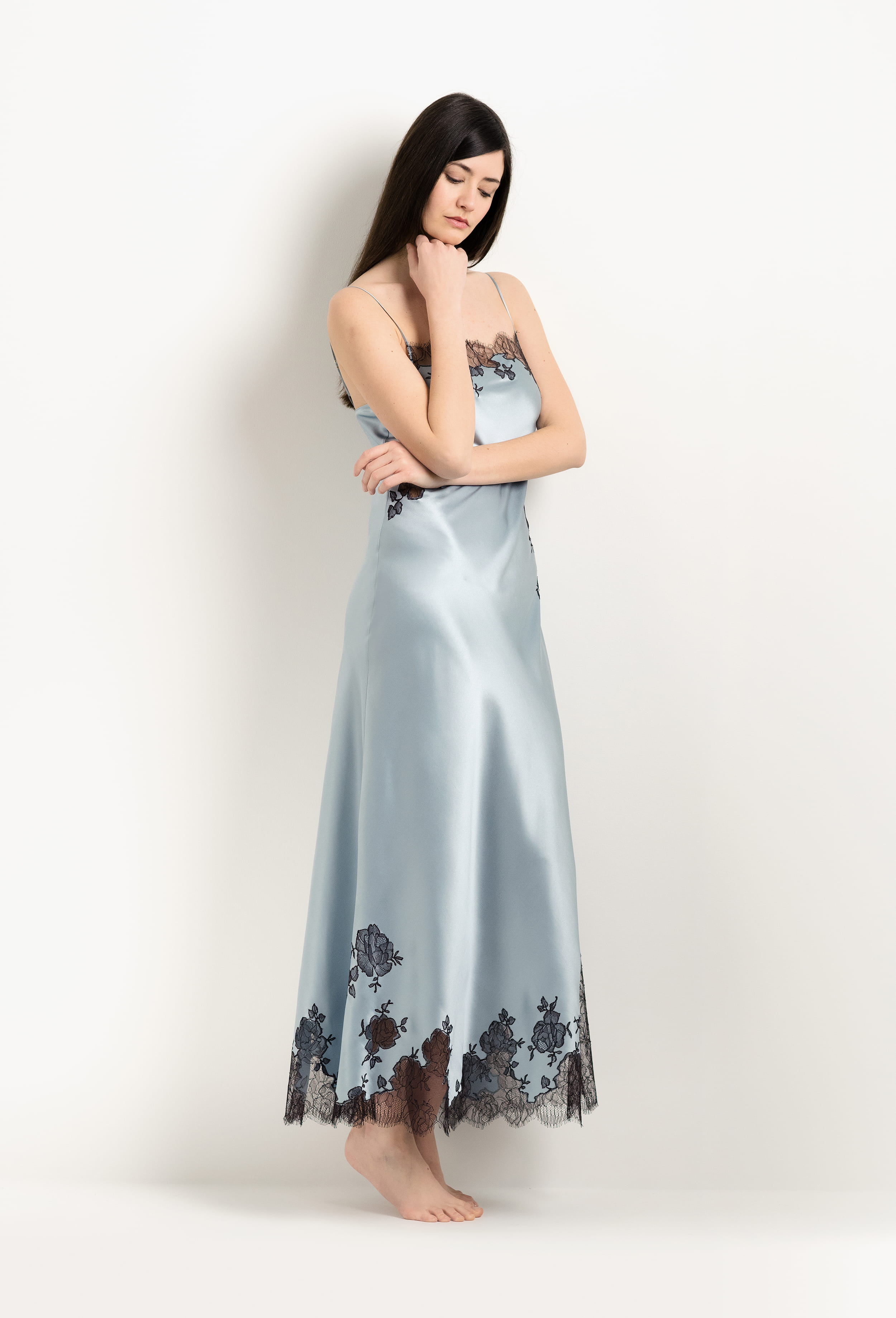 Enjoy the 2025 Winter collection of lingerie couture from the house Carine Gilson with this Long Gown Straight Neckline in Frozen blue Silk  with Ebony lace