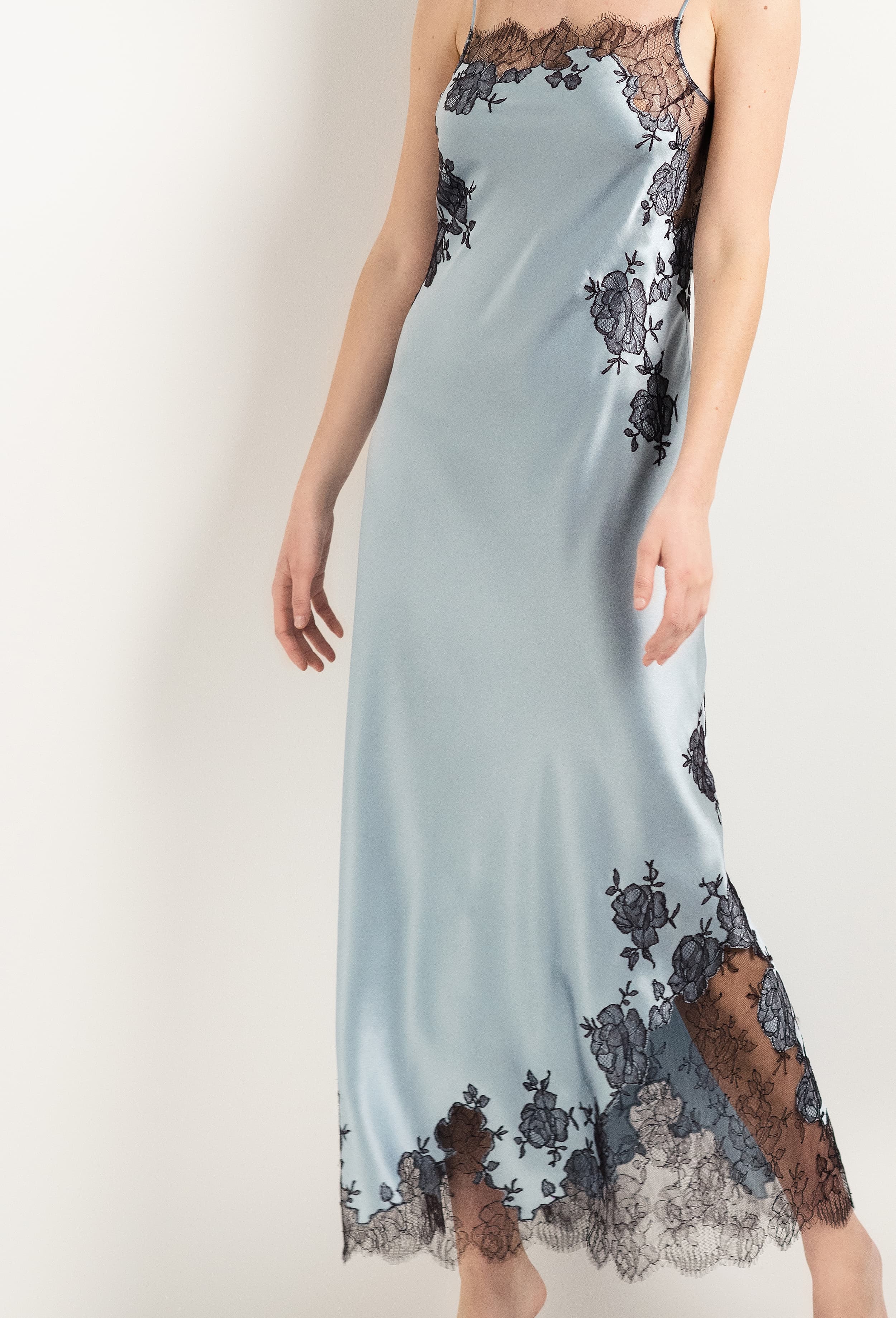 Enjoy the 2025 Winter collection of lingerie couture from the house Carine Gilson with this Long Gown Straight Neckline in Frozen blue Silk  with Ebony lace