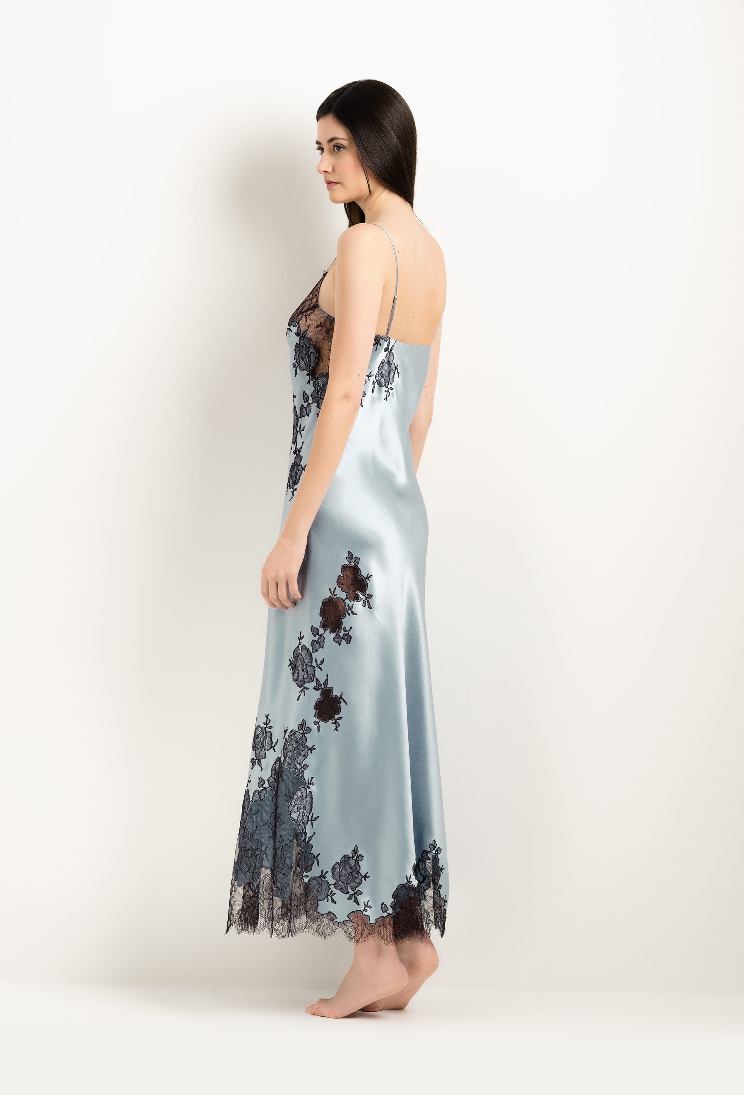 Enjoy the 2025 Winter collection of lingerie couture from the house Carine Gilson with this Long Gown Straight Neckline in Frozen blue Silk  with Ebony lace