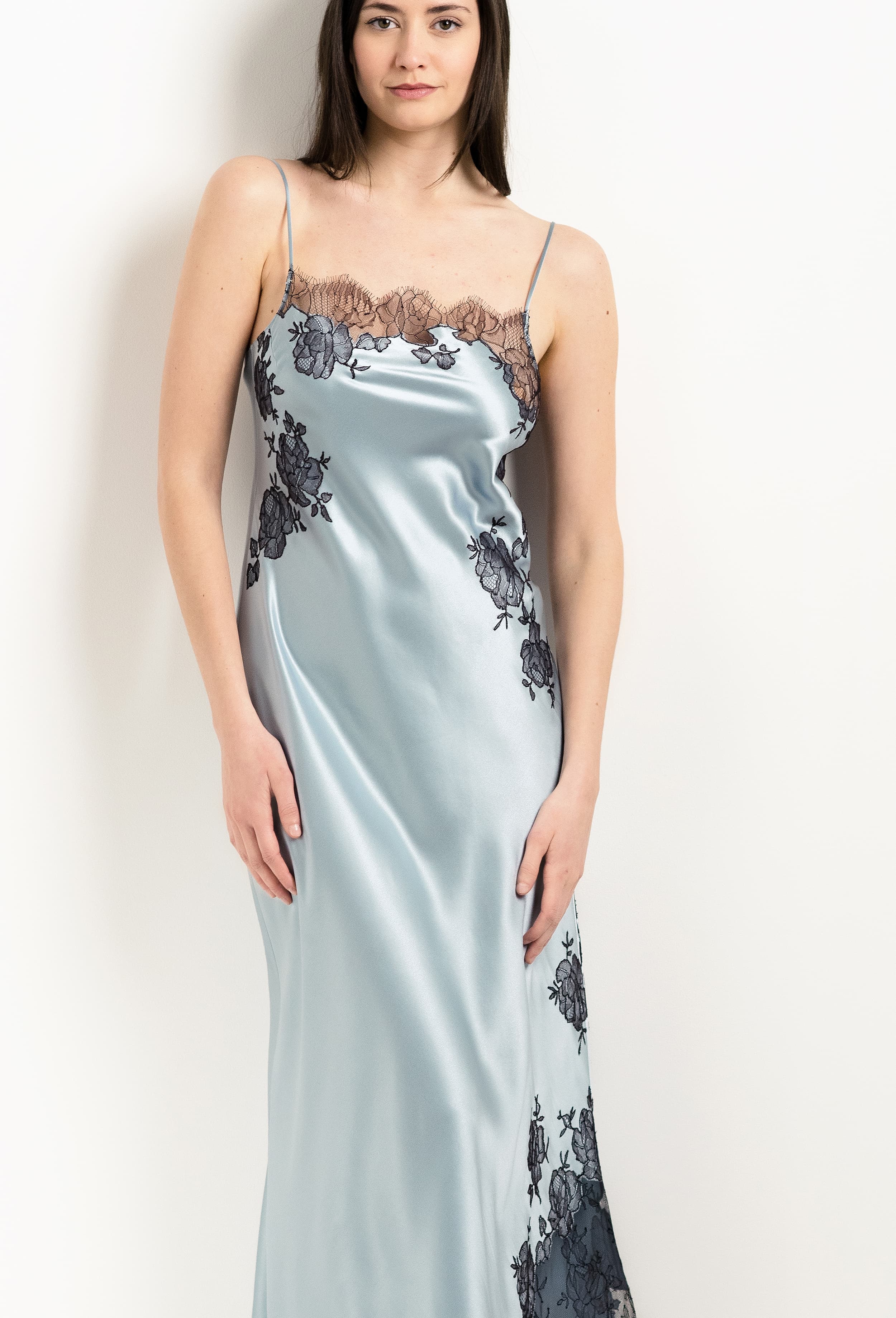 Enjoy the 2025 Winter collection of lingerie couture from the house Carine Gilson with this Long Gown Straight Neckline in Frozen blue Silk  with Ebony lace