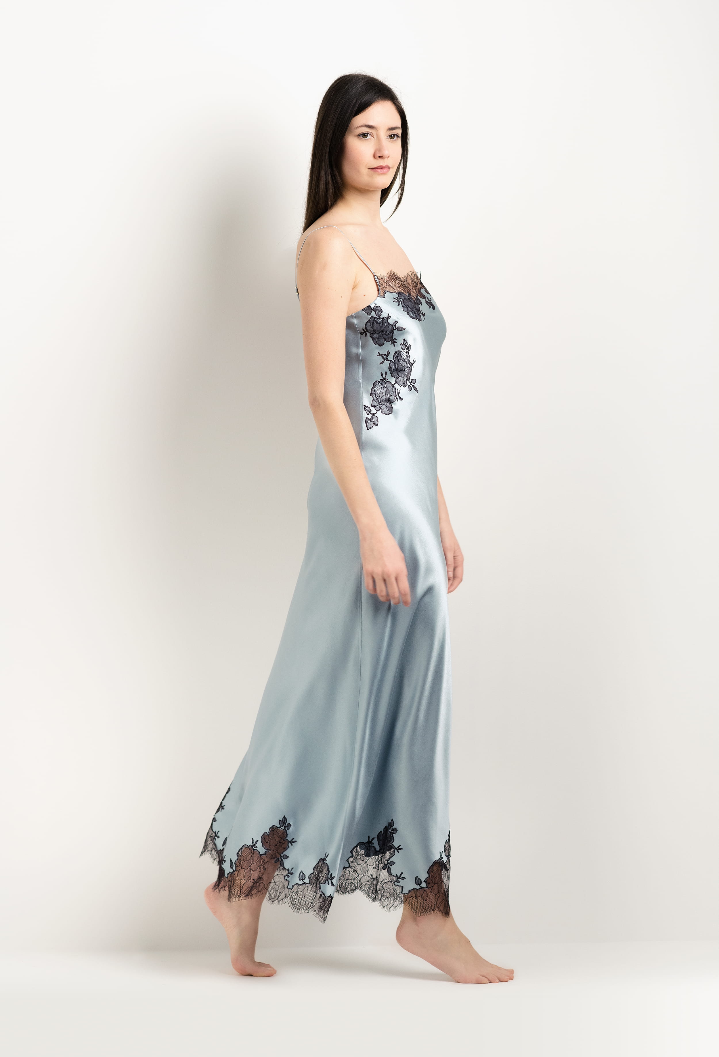 Enjoy the 2025 Winter collection of lingerie couture from the house Carine Gilson with this Long Gown Straight Neckline in Frozen blue Silk  with Ebony lace