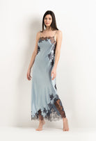 Enjoy the 2025 Winter collection of lingerie couture from the house Carine Gilson with this Long Gown Straight Neckline in Frozen blue Silk  with Ebony lace