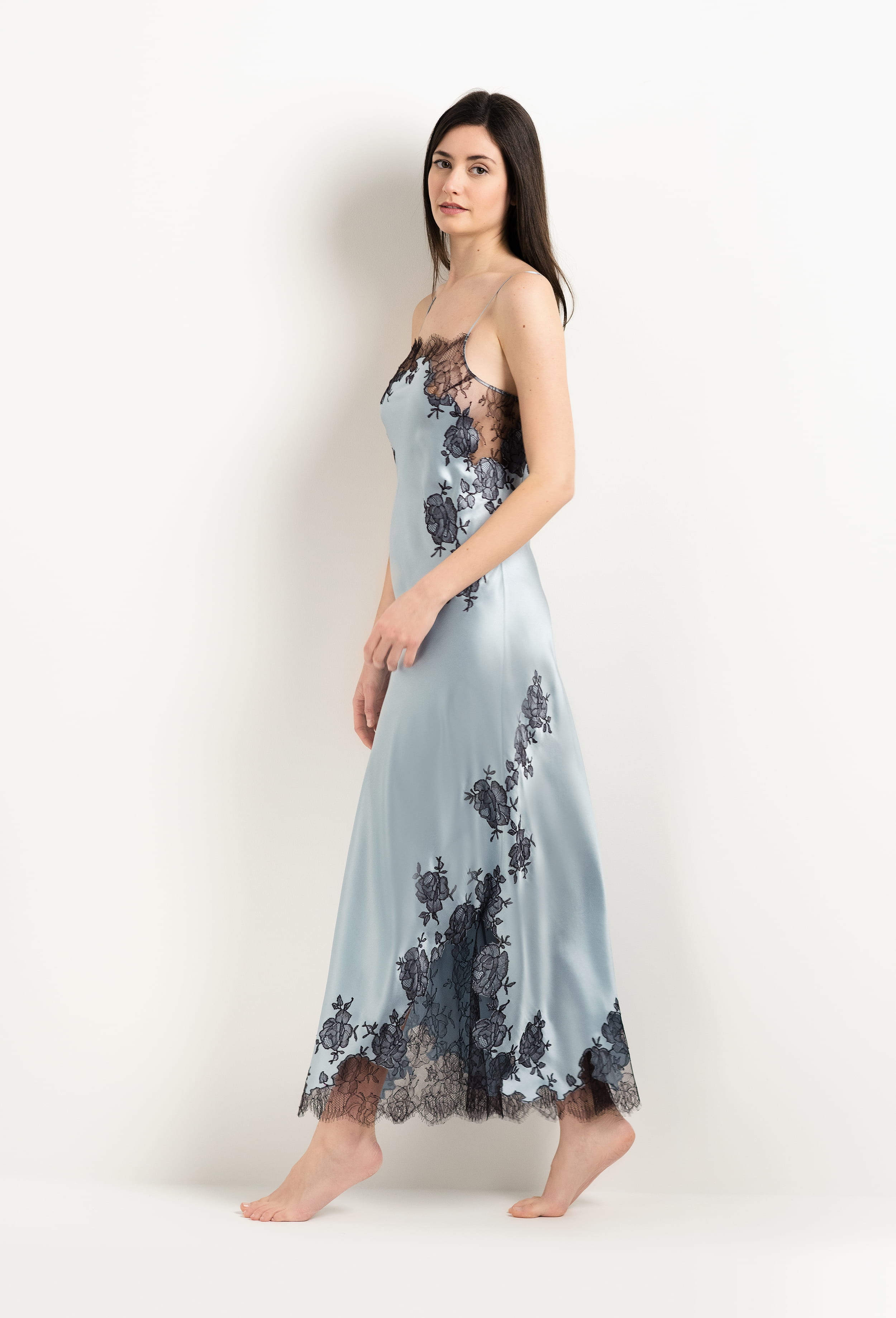Enjoy the 2025 Winter collection of lingerie couture from the house Carine Gilson with this Long Gown Straight Neckline in Frozen blue Silk  with Ebony lace