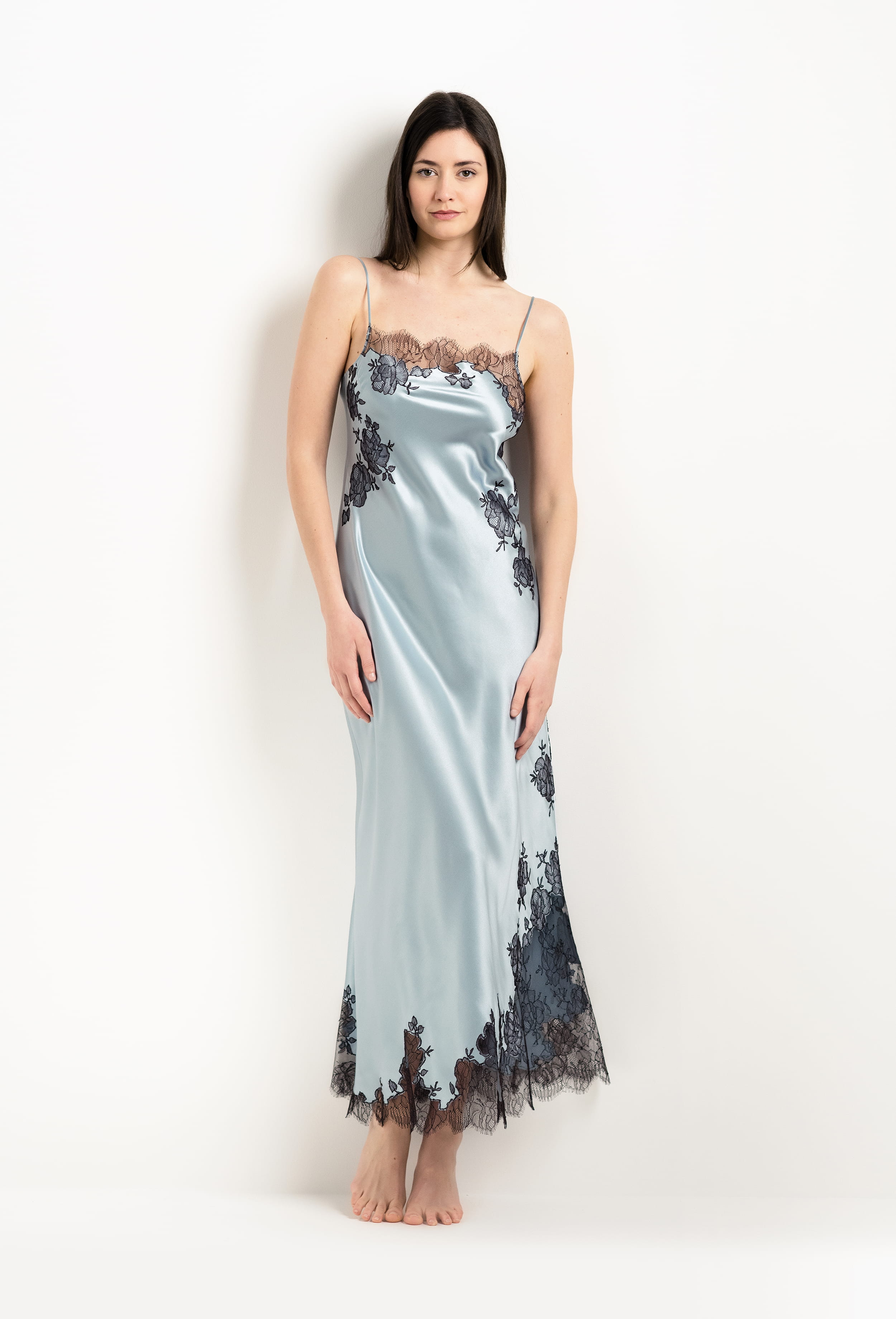 Enjoy the 2025 Winter collection of lingerie couture from the house Carine Gilson with this Long Gown Straight Neckline in Frozen blue Silk  with Ebony lace