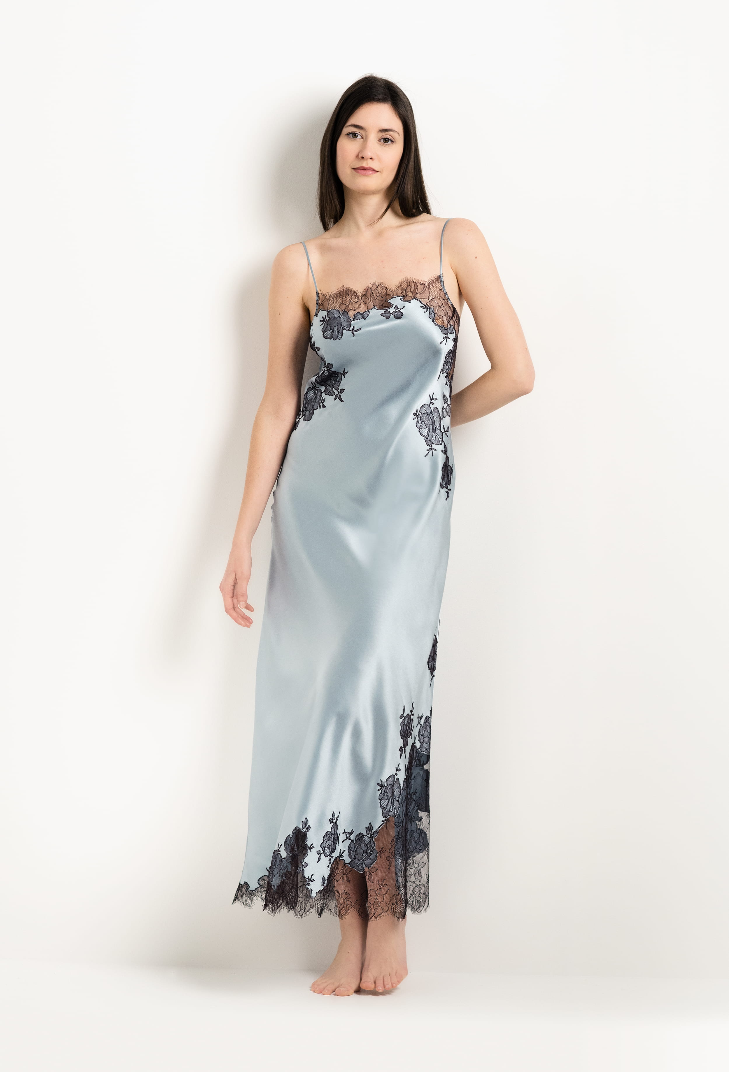 Enjoy the 2025 Winter collection of lingerie couture from the house Carine Gilson with this Long Gown Straight Neckline in Frozen blue Silk  with Ebony lace