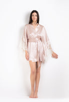 Discover the 2026 Cruise collection of lingerie couture from the house Carine Gilson with this short kimono butterfly sleeves in silverpink silk  with natural lace