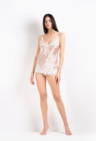 Enter Carine Gilson's world and the most beautiful silk lingerie with the 2026 Cruise collection with this camisole v neckline in silverpink silk  with natural lace