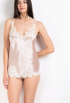 Enter Carine Gilson's world and the most beautiful silk lingerie with the 2026 Cruise collection with this camisole v neckline in silverpink silk  with natural lace