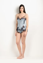 Discover the 2025 Winter collection of lingerie couture from the house Carine Gilson with this Camisole V Neckline in Frozen blue Silk  with Ebony lace