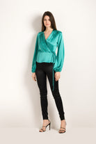 Green Silk Cache-Coeur Style Shirt With Balloon Sleeves From the Carine Gilson Winter Collection