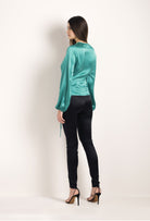 Green Silk Cache-Coeur Style Shirt With Balloon Sleeves From the Carine Gilson Winter Collection