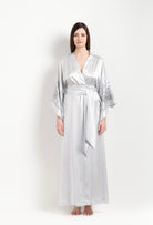 Made of silk and lace, explore the lingerie collection Winter 2026-27 from the house Carine Gilson with this Long Kimono Butterfly Sleeves in Silver print Silk 