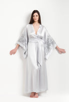 Made of silk and lace, explore the lingerie collection Winter 2026-27 from the house Carine Gilson with this Long Kimono Butterfly Sleeves in Silver print Silk 