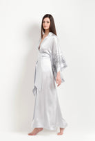Made of silk and lace, explore the lingerie collection Winter 2026-27 from the house Carine Gilson with this Long Kimono Butterfly Sleeves in Silver print Silk 