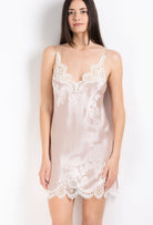 Made of silk and lace, explore the 2026 Cruise collection from the house Carine Gilson with this slip babydoll style v neckline in silverpink silk  with natural lace