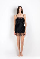 Enjoy the 2026 Summer collection of lingerie couture from the house Carine Gilson with this slip babydoll style straight neckline in black silk  with black lace