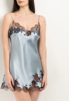Enter Carine Gilson's world and the most beautiful silk lingerie with the 2025 Winter collection with this Slip Babydoll Style V Neckline in Frozen blue Silk  with Ebony lace