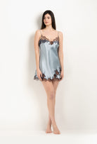 Enter Carine Gilson's world and the most beautiful silk lingerie with the 2025 Winter collection with this Slip Babydoll Style V Neckline in Frozen blue Silk  with Ebony lace